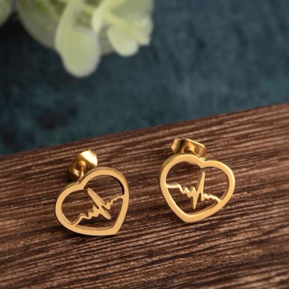“EKG Heart” ECG Electrocardiogram Heartbeat Sinus Rhythm Med Doc Nurse Gold Stud